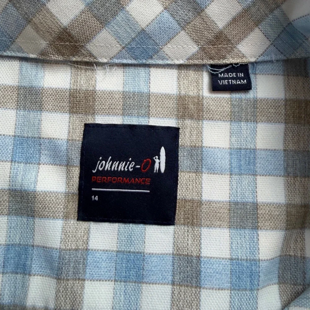 Johnnie-O Boys McArthur Performance Check Button Down Shirt Blue Bamboo Size 14